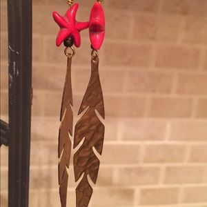 Bronze toned,  feather and red sea star earrings